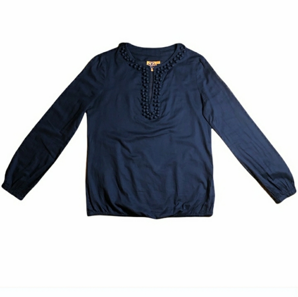 TORY BURCH Navy Embellished Split Crew Neck Top Sz 6